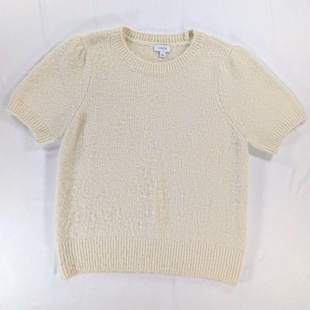 Cece Short Sleeve cream Crew Neck Short Sleeve Sweater Sz XL wool blend coquette